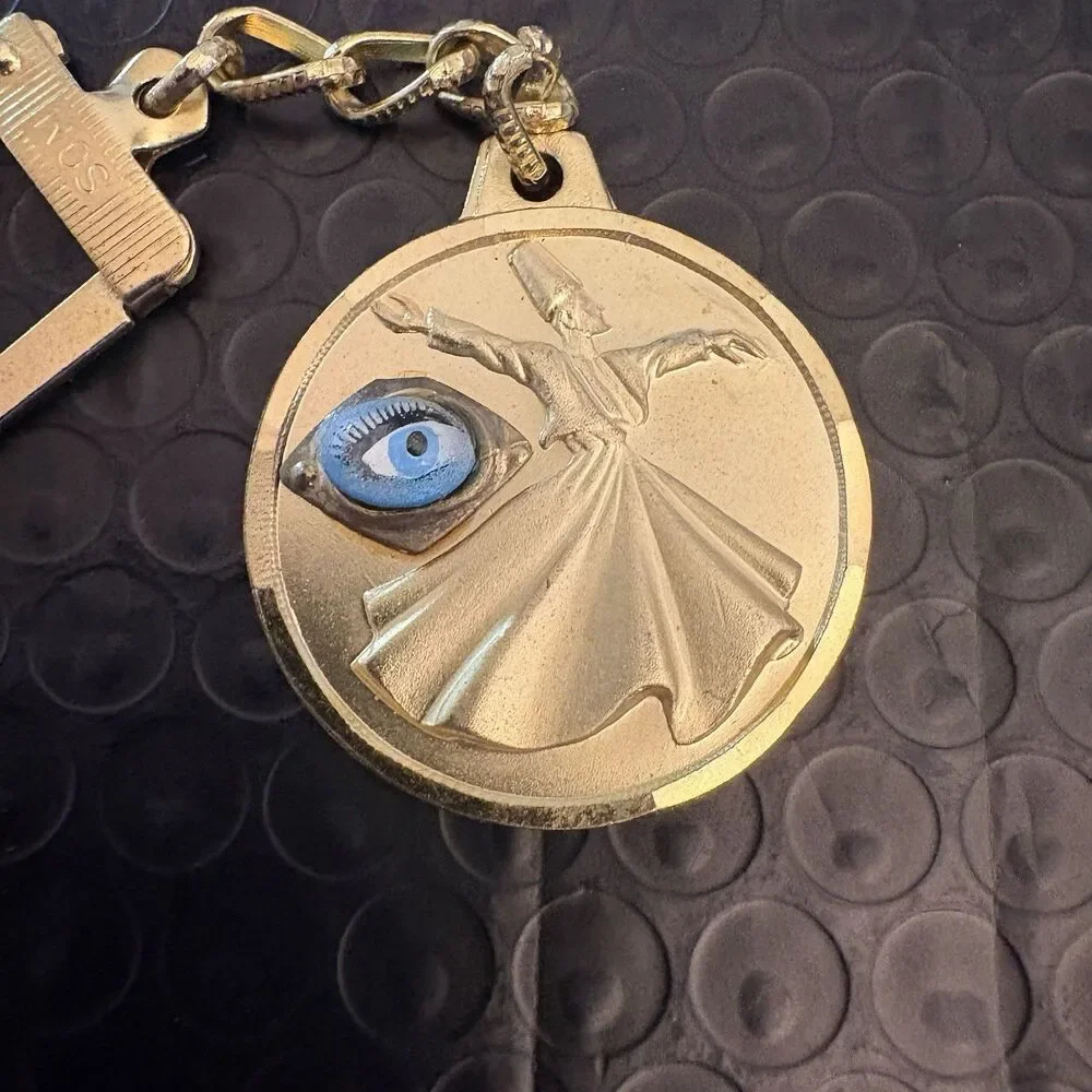 Gold-Toned Turkish Whirling Dervish w Blue Evil Eye (Nazar) Keychain Charm SOM